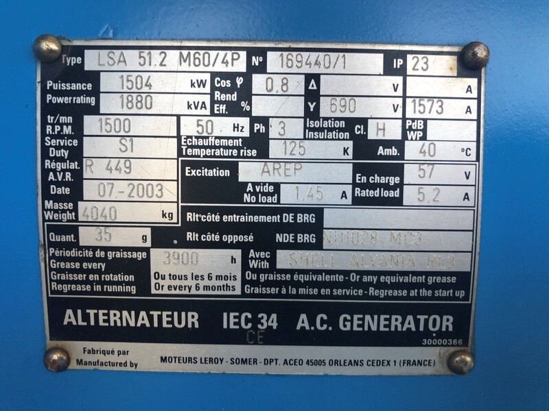 Groupe électrogène Leroy Somer SDMO 1880 kVA generatordeel SDMO 1880 kVA generatordeel op frame: photos 4