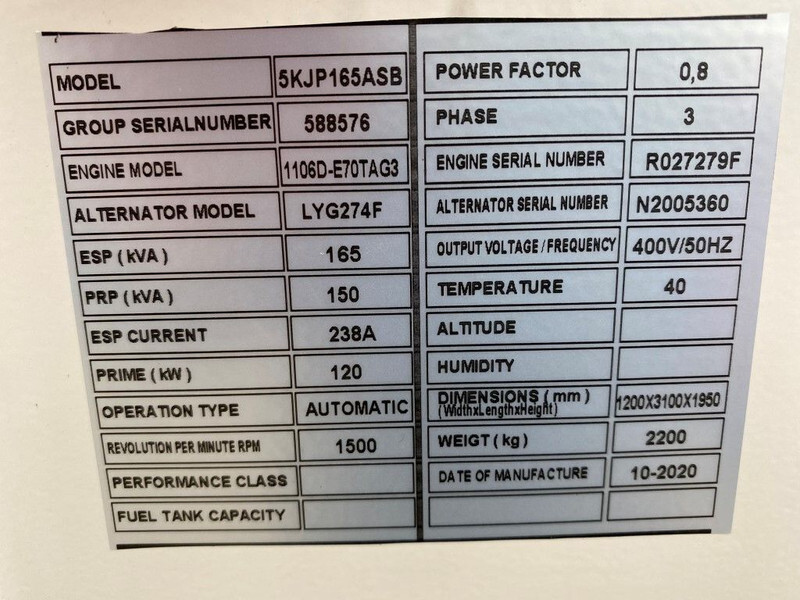 Groupe électrogène neuf Perkins 1106D-E70TAG3 Stamford 165 kVA Silent generatorset New !: photos 15