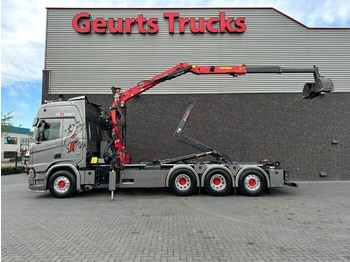 Camion ampliroll, Camion grue Scania R580 V8 NGS 8X4 + HIAB 21 TON HAAKARM + HIAB LOG: photos 1