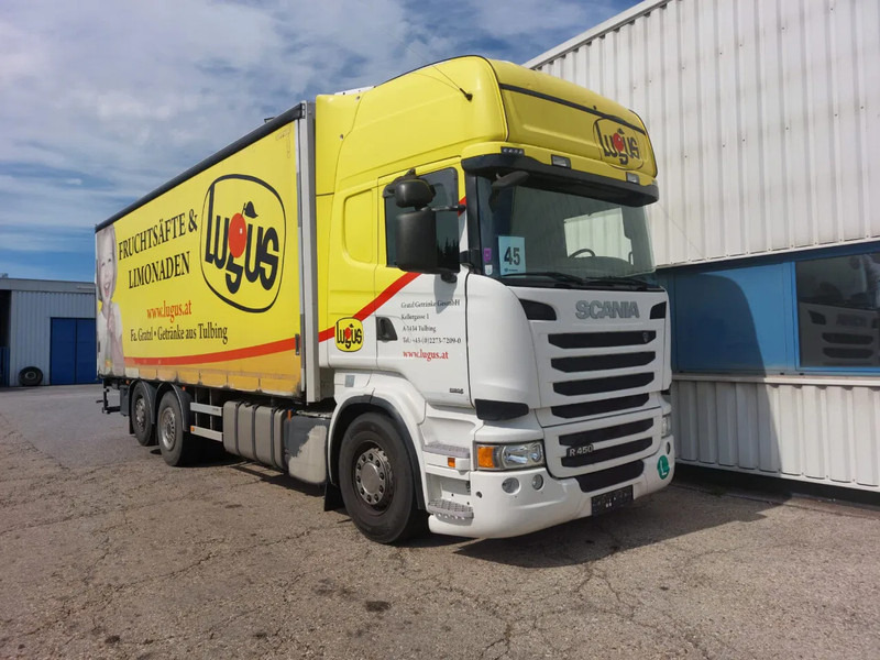 Scania R450 Topline 6x2*4 - Special alu curtains - 2.000 KG loadlift - Retarder - Full air - 4.90 WB - Camion à rideaux coulissants: photos 1 Scania R450 Topline 6x2*4 - Special alu curtains - 2.000 KG loadlift - Retarder - Full air - 4.90 WB - Camion à rideaux coulissants: photos 1