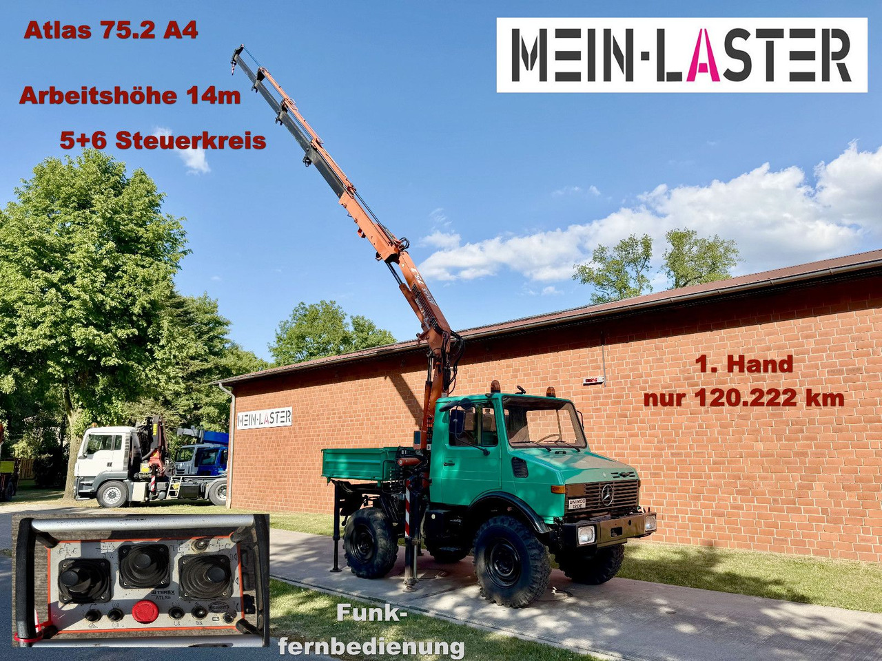 Unimog U 1200 Atlas 75.2 Kran 14 m Funk FB *1. Hand - Camion grue: photos 1 Unimog U 1200 Atlas 75.2 Kran 14 m Funk FB *1. Hand - Camion grue: photos 1