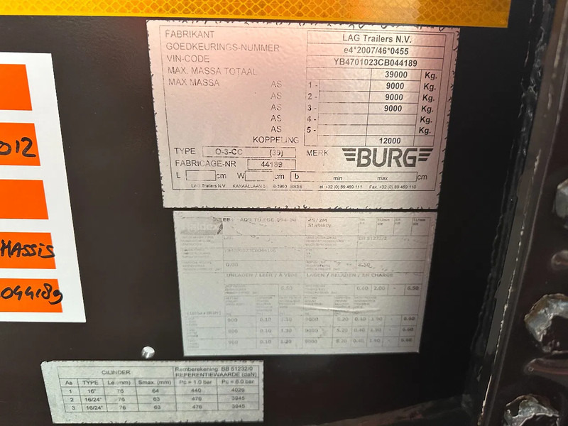 Semi-remorque porte-conteneur/ Caisse mobile Burg 20FT ADR (EX/II, EX/III, FL, AT), Leeggewicht: 3.690kg, SAF INTRADISC, 2x liftaxle, ALCOA, NL-Chassis, APK/ADR: 08-2025: photos 20
