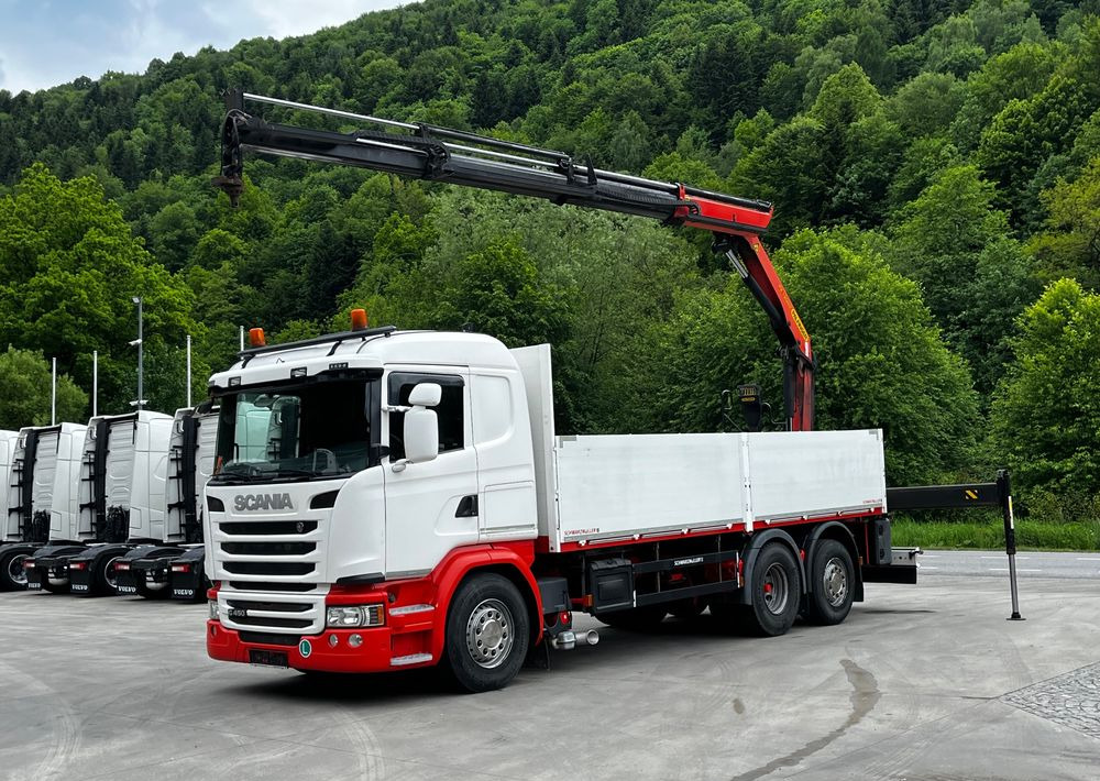 Scania G450 // 6x2// Skrzynia 6.40x2.49 // HDS Palfinger // Oś skrętna podnoszona // - Camion grue, Camion plateau: photos 1 Scania G450 // 6x2// Skrzynia 6.40x2.49 // HDS Palfinger // Oś skrętna podnoszona // - Camion grue, Camion plateau: photos 1