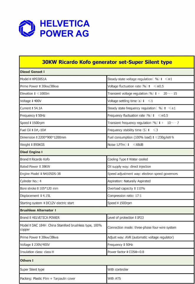 Groupe électrogène neuf HELVETICA POWER HP030S1ASR 38KVA / 30KW Diesel Stromgenerator SuperSilent: photos 9 Groupe électrogène neuf HELVETICA POWER HP030S1ASR 38KVA / 30KW Diesel Stromgenerator SuperSilent: photos 9