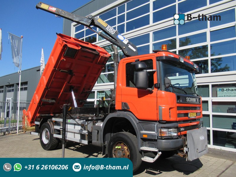 Scania P 114 CB 4x4 HZ 340 3-W. Tipper - 3-S. Kipper + HMF 1063 Crane Kran - Camion benne, Camion grue: photos 1 Scania P 114 CB 4x4 HZ 340 3-W. Tipper - 3-S. Kipper + HMF 1063 Crane Kran - Camion benne, Camion grue: photos 1