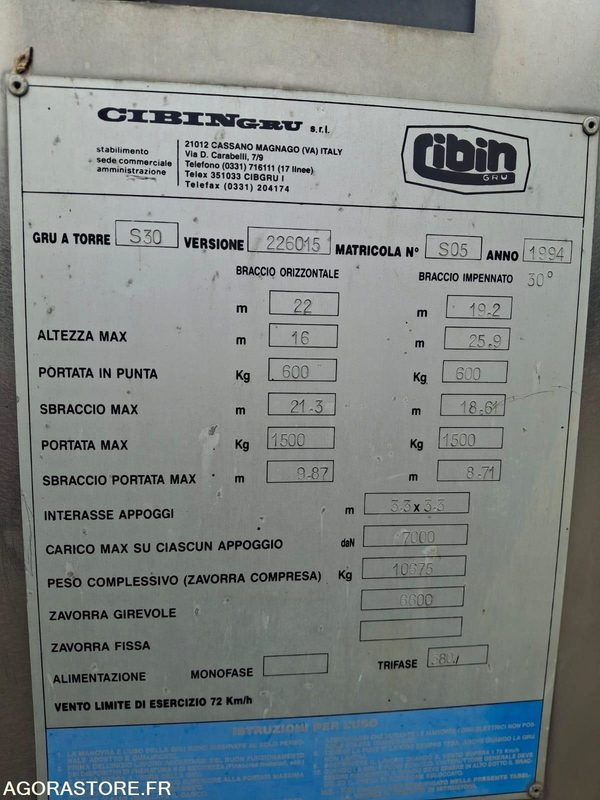 GRUE A MONTAGE RAPIDE CIBIN S30 1994 AVEC CONTREPOIDS - Grue à montage rapide: photos 3 GRUE A MONTAGE RAPIDE CIBIN S30 1994 AVEC CONTREPOIDS - Grue à montage rapide: photos 3