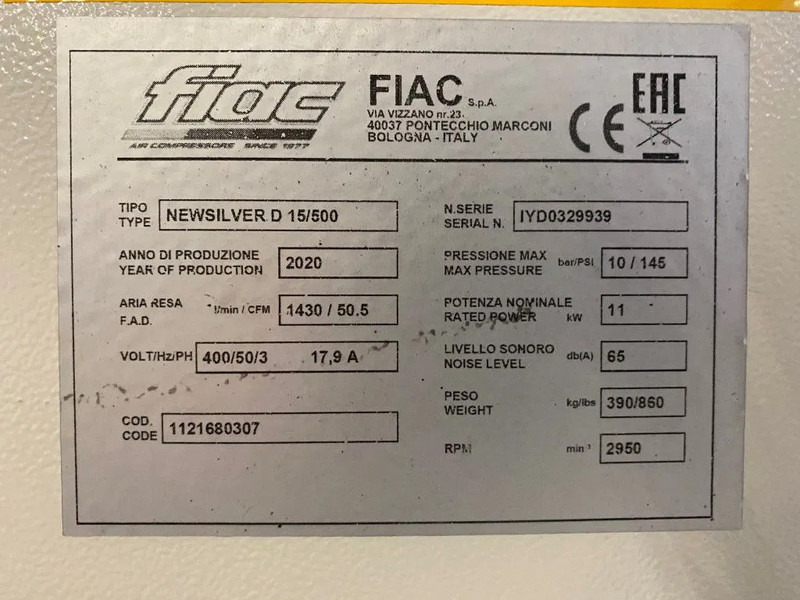 Fiac NewSilver D 15 / 500 NewSilver D 15 / 500 - 1430 L / min 11 kW 10 bar Elektrische Schroefcompressor + Droger - Compresseur d'air: photos 4 Fiac NewSilver D 15 / 500 NewSilver D 15 / 500 - 1430 L / min 11 kW 10 bar Elektrische Schroefcompressor + Droger - Compresseur d'air: photos 4