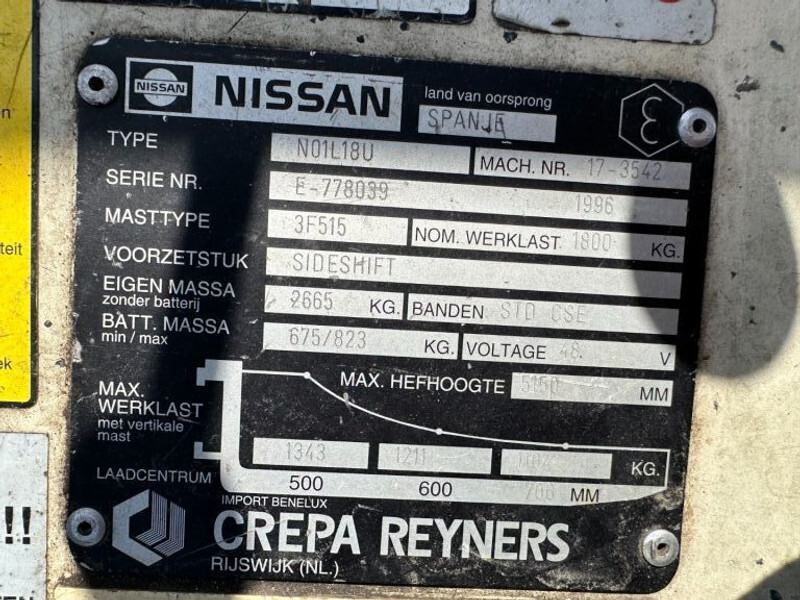 Nissan N01L18U 1.8 ton Triplex Freelift Sideshift Elektra Heftruck Accu 2016 ! - Chariot élévateur électrique: photos 3 Nissan N01L18U 1.8 ton Triplex Freelift Sideshift Elektra Heftruck Accu 2016 ! - Chariot élévateur électrique: photos 3
