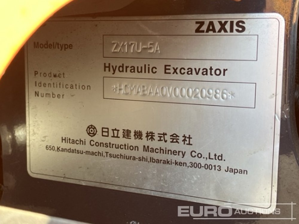 2016 Hitachi ZX17U-5A Rubber Tracks, Blade, Offset, Bucket, Canopy - Mini pelle: photos 5 2016 Hitachi ZX17U-5A Rubber Tracks, Blade, Offset, Bucket, Canopy - Mini pelle: photos 5